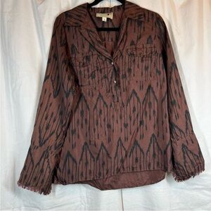 Irving & Fine 100% silk ikat abstract long sleeve blouse
